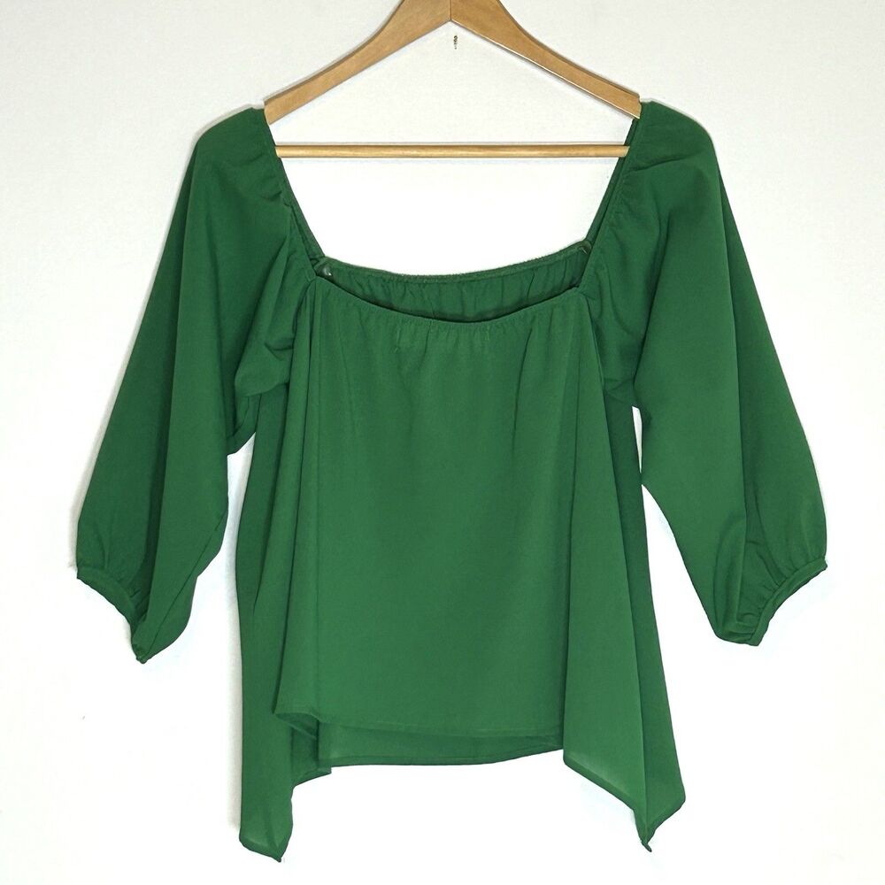 Vintage Havana Green Square Neck Peasant Blouse Crop Boho Flowy Top Womens XS S